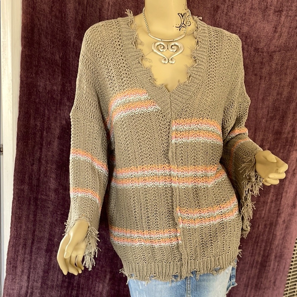 Fringed Knit Sweater in Tan and Orange
